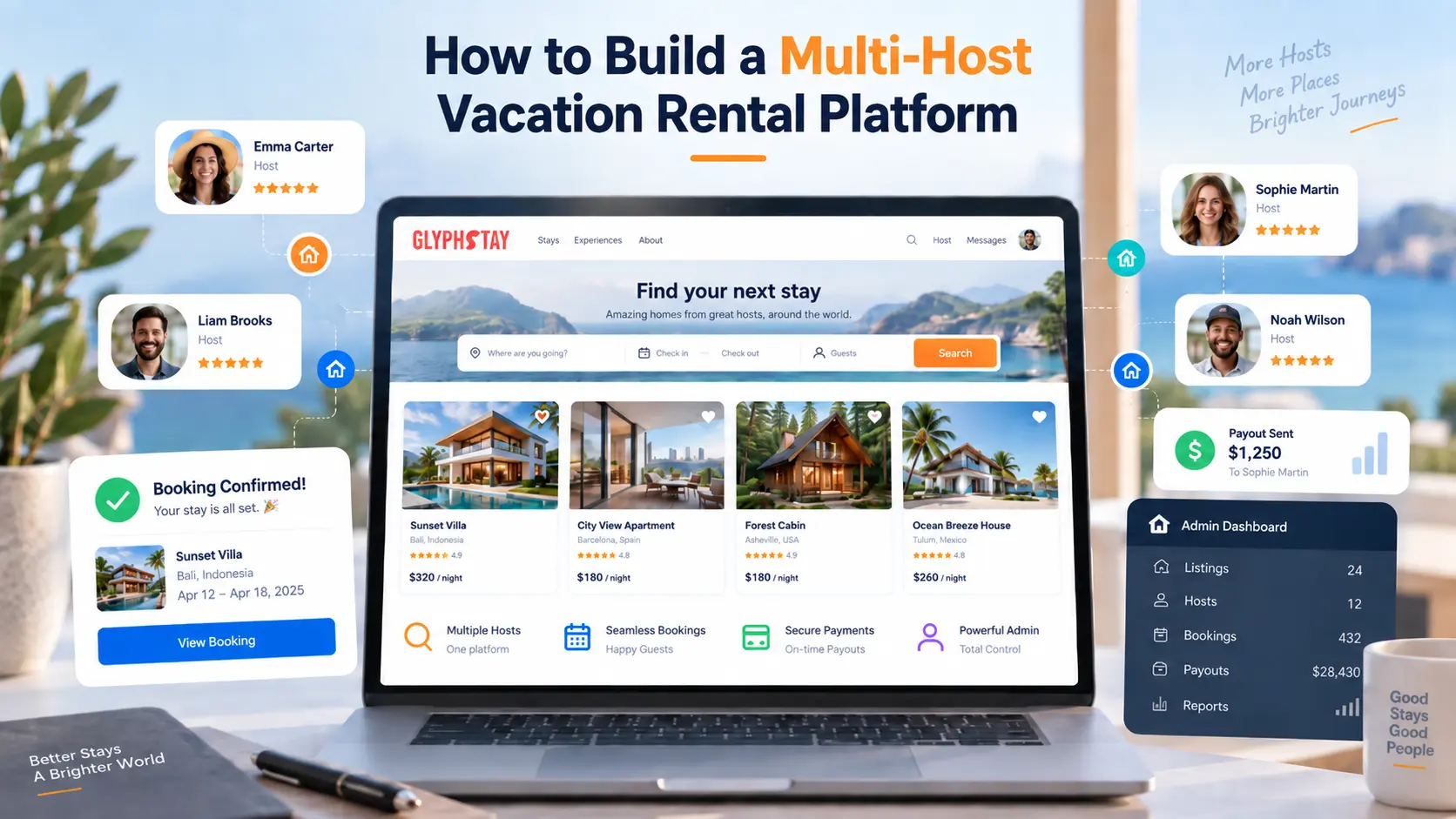 Multi-host vacation rental platform with listings, bookings, payouts, and admin controls