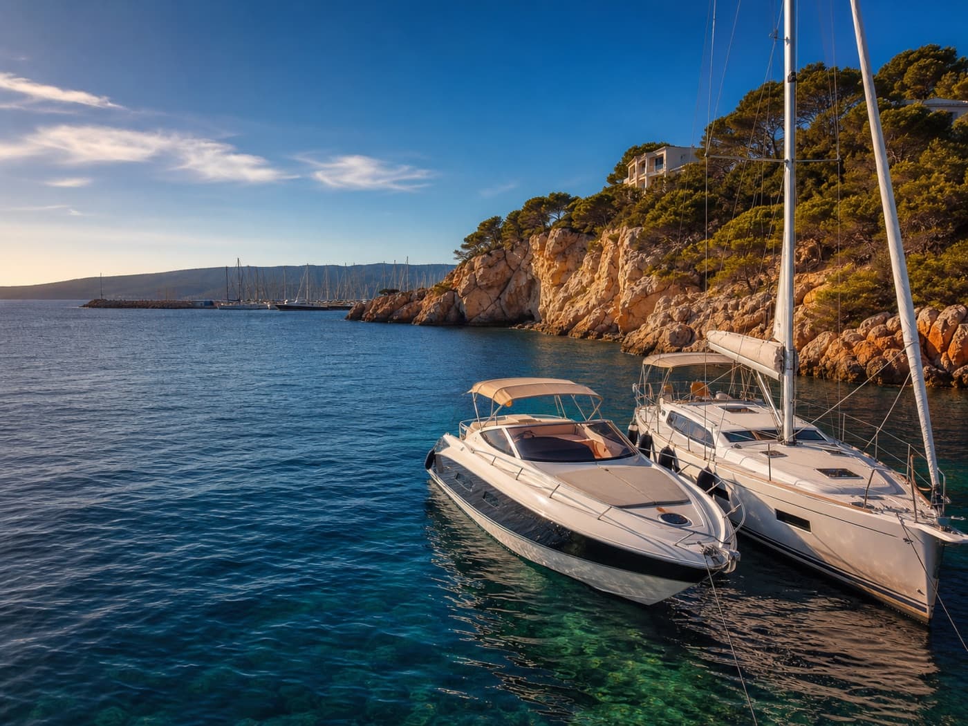 Sailing yacht and motorboat available in a Mediterranean cove