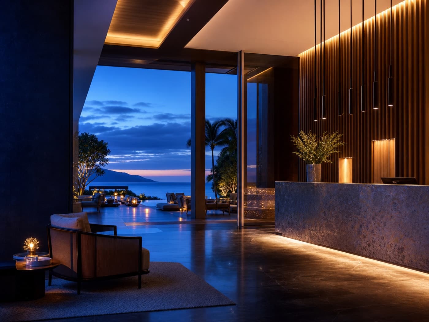 Modern hotel lobby and resort terrace during blue hour