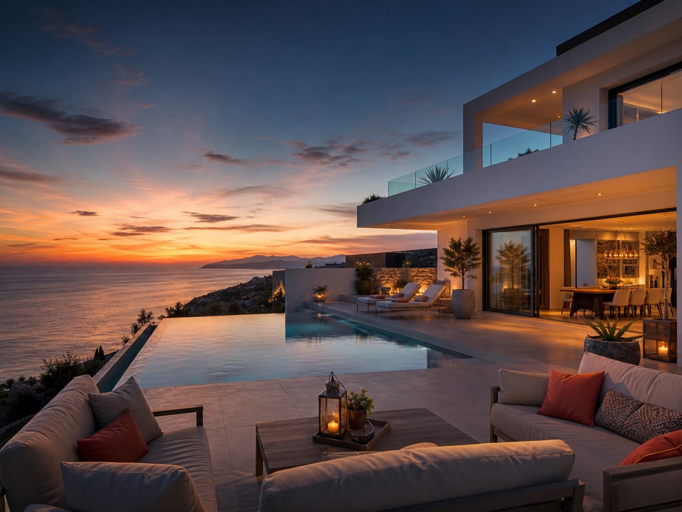 Luxury coastal vacation rental home with a pool at sunset