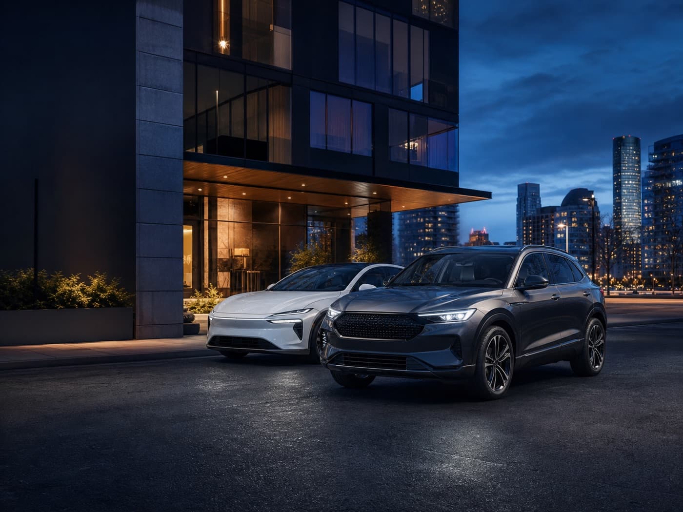 Modern vehicles ready for rental in an urban setting