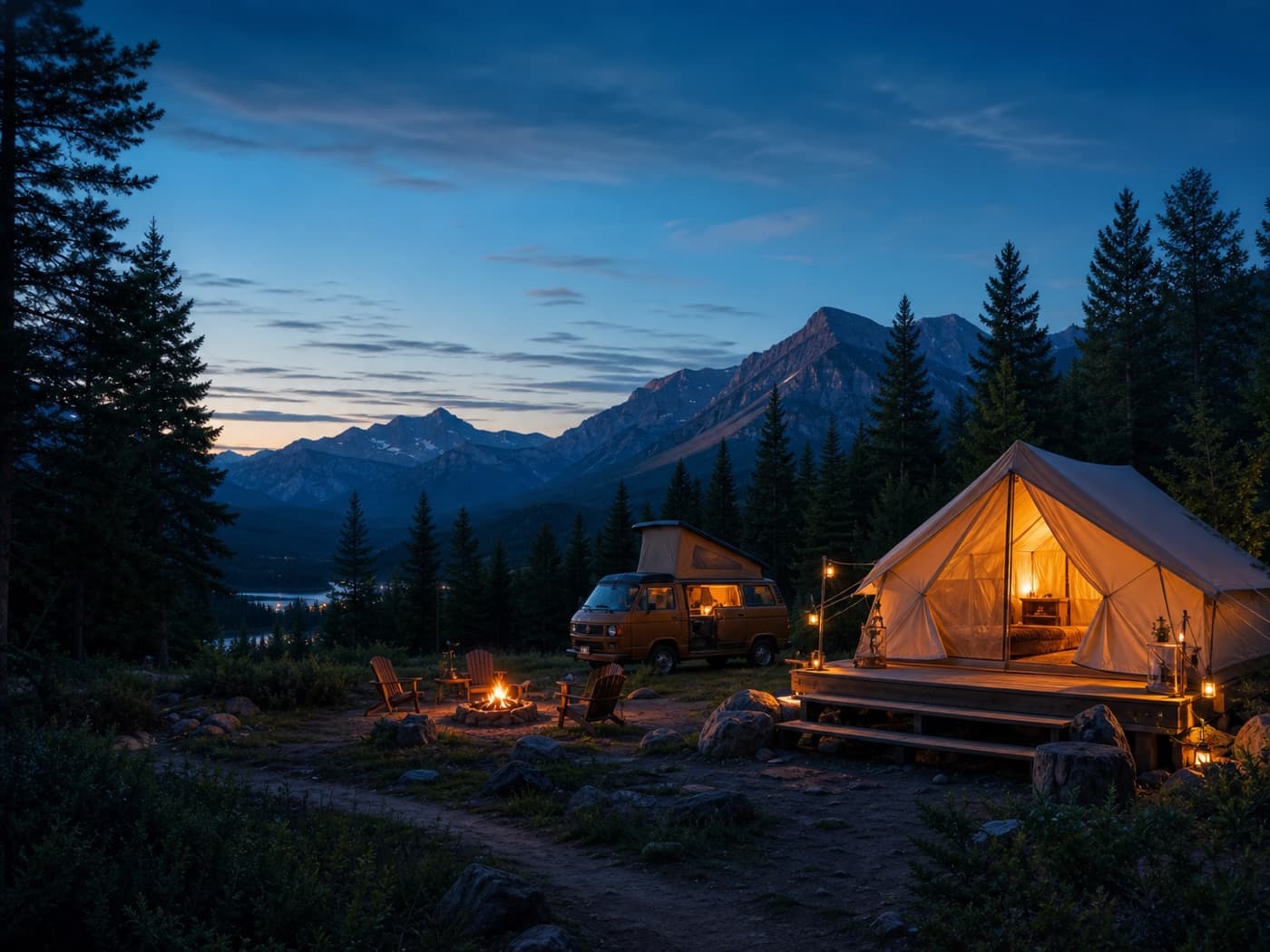 Glamping tent and campervan at a mountain campsite