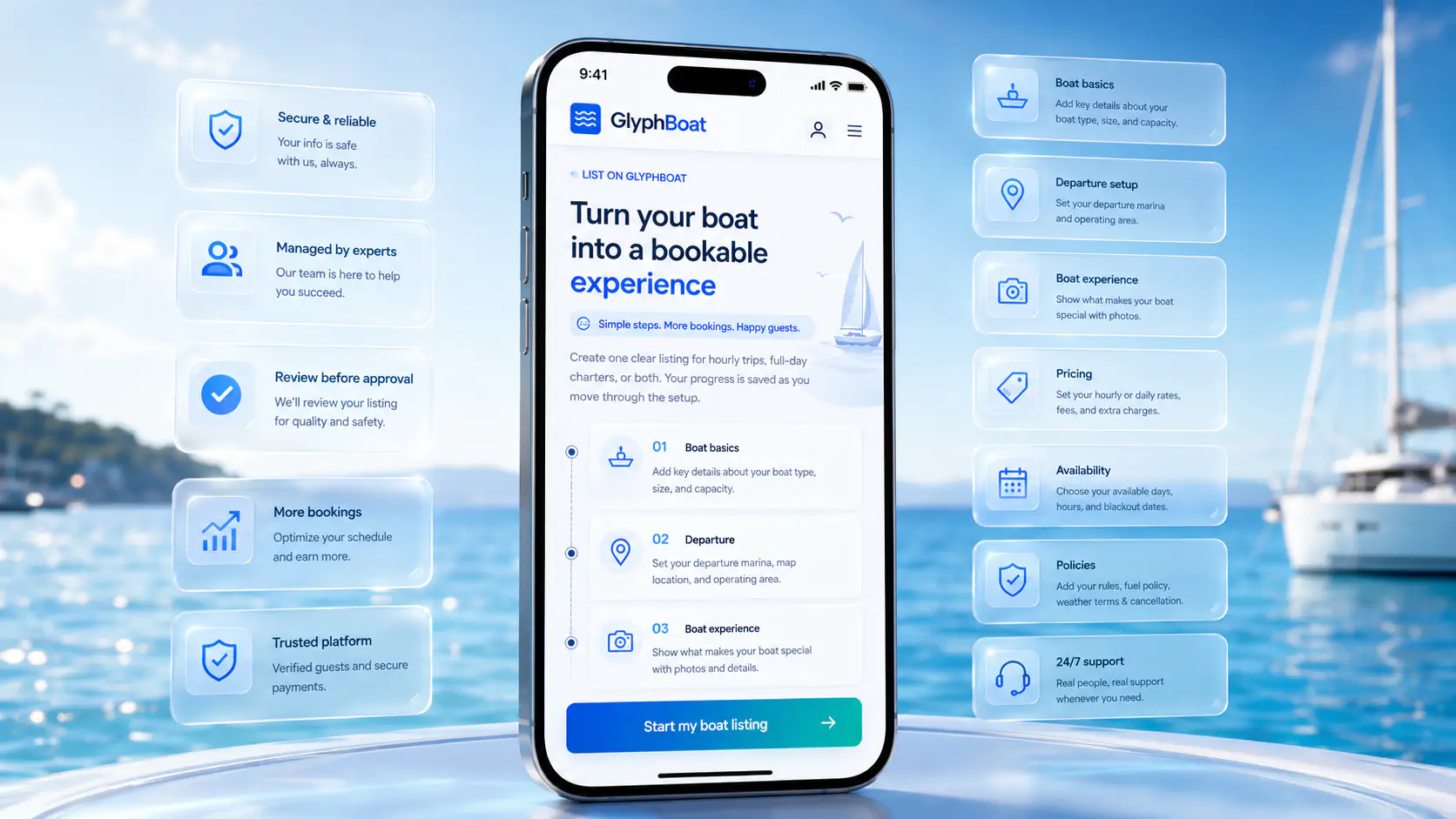 GlyphBoat mobile boat listing workflow for owners