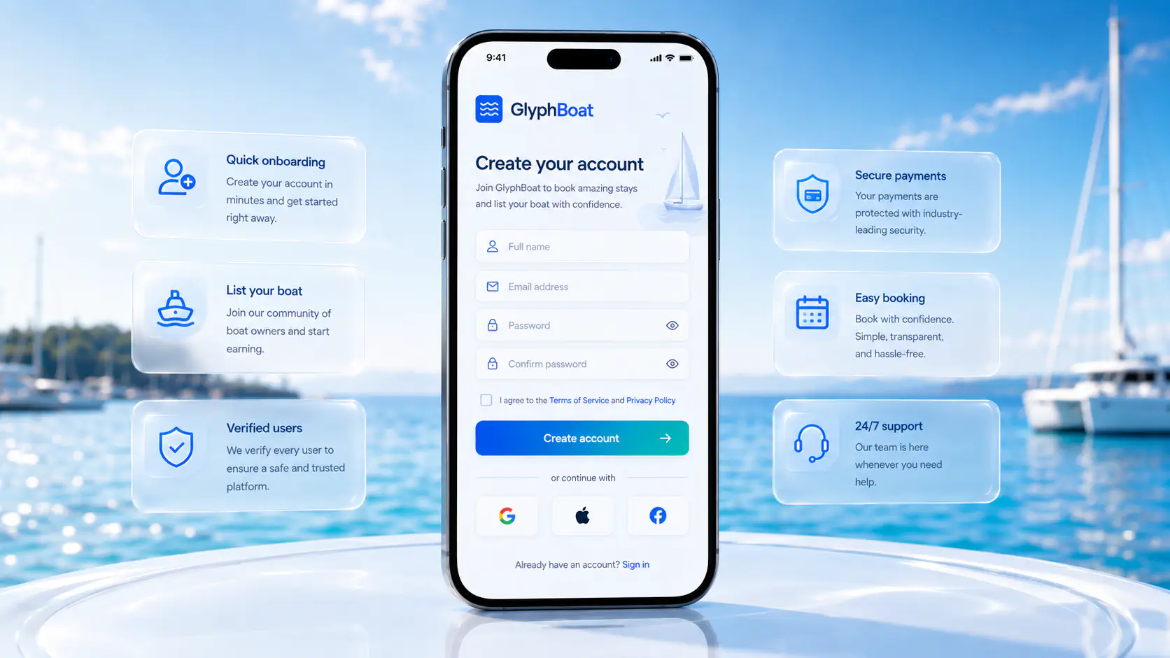 GlyphBoat renter and owner onboarding experience