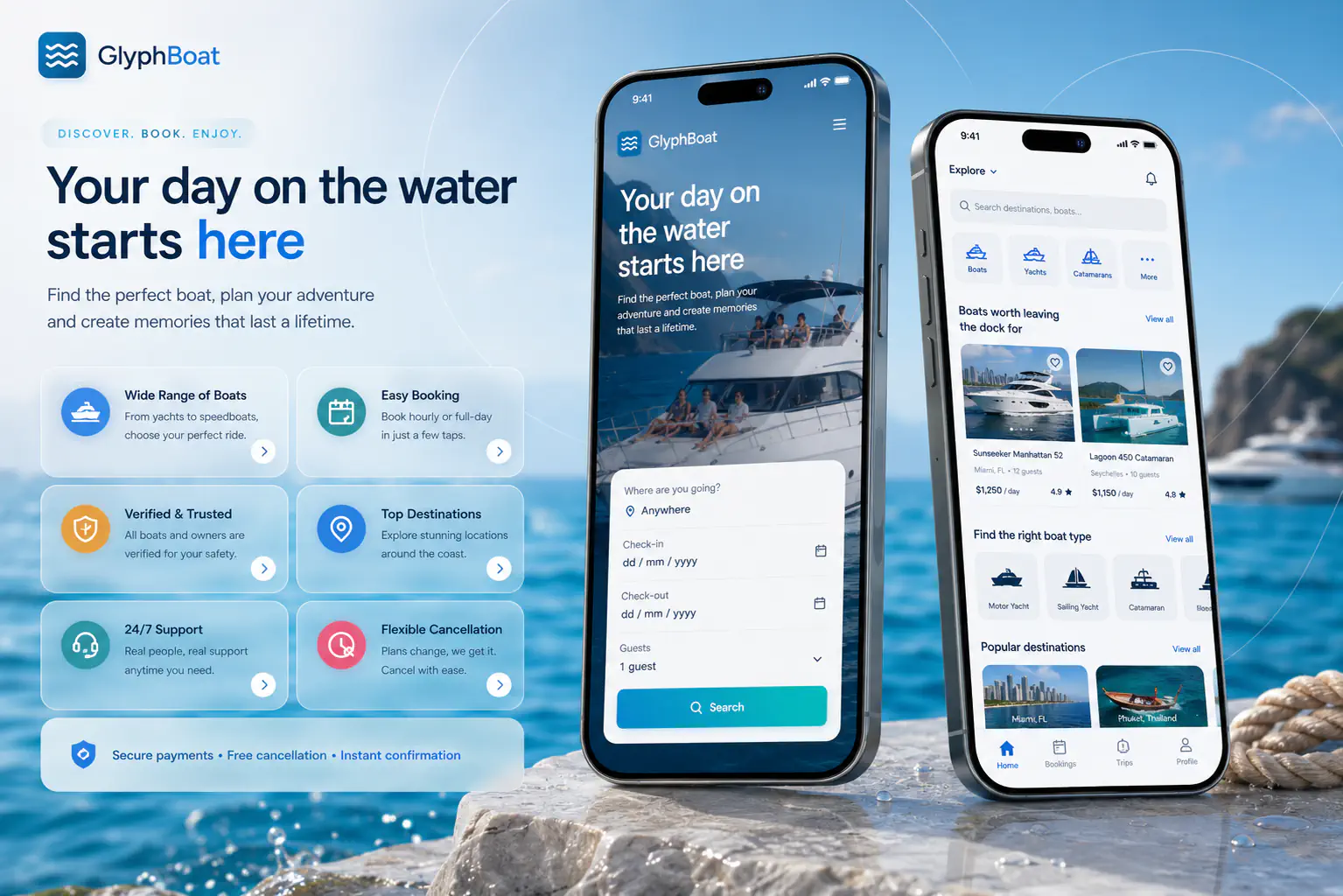GlyphBoat mobile discovery and booking experience