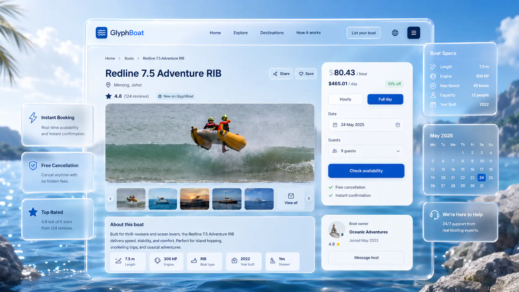 GlyphBoat vessel detail and booking page