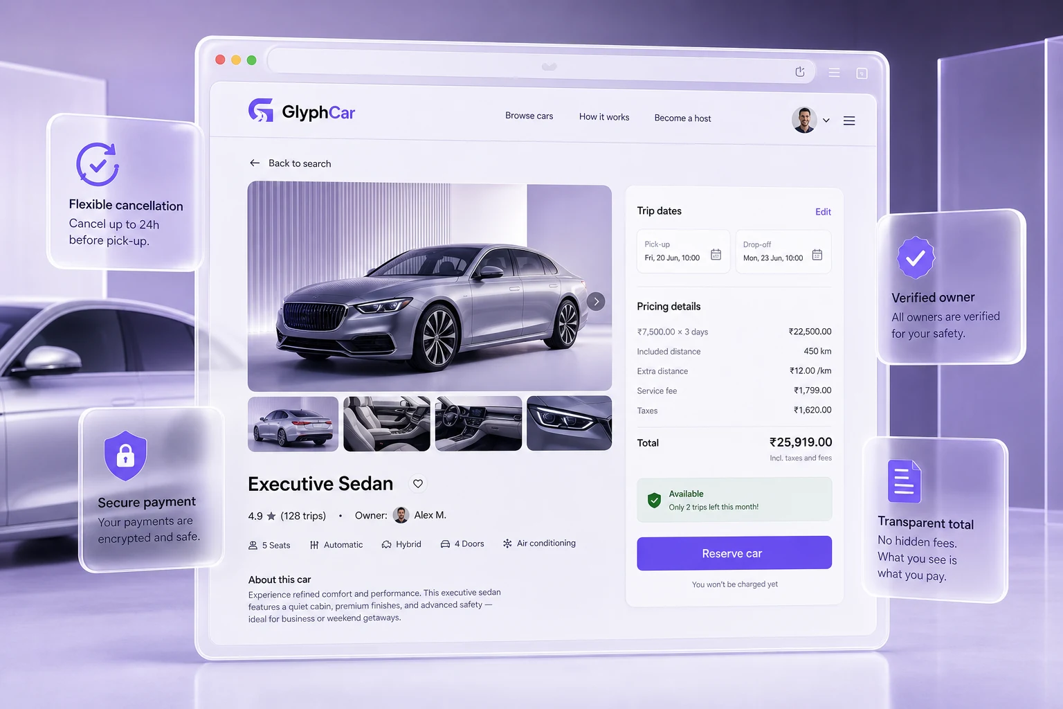 GlyphCar vehicle booking interface