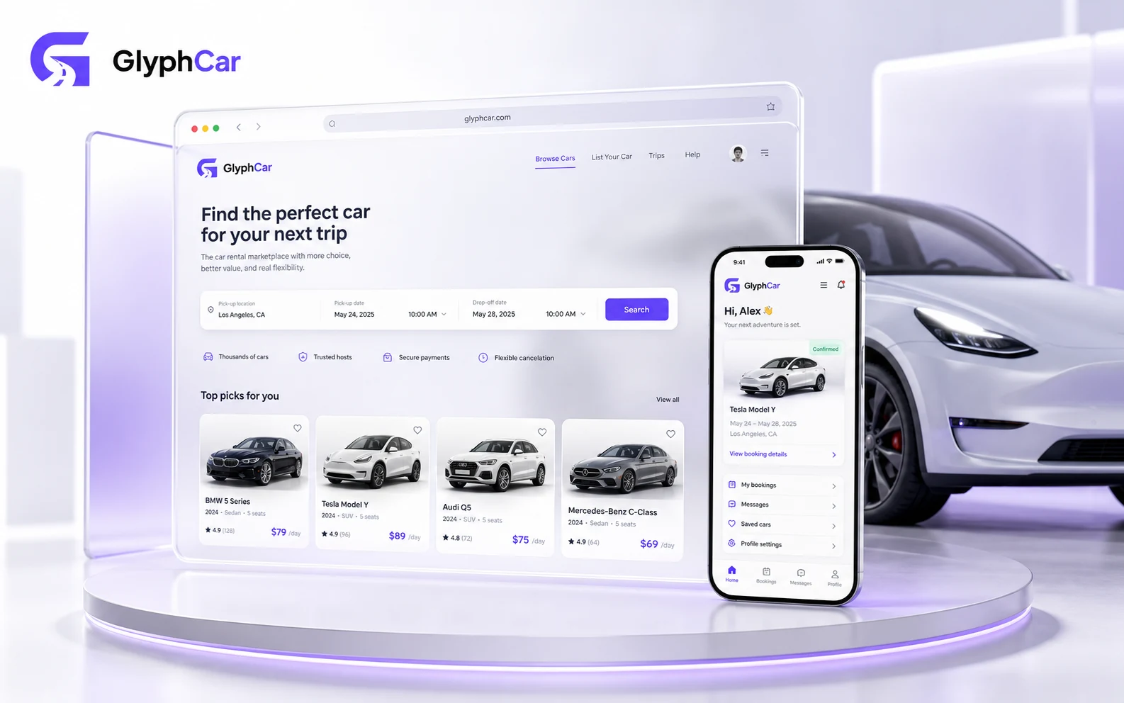 GlyphCar marketplace on web and mobile