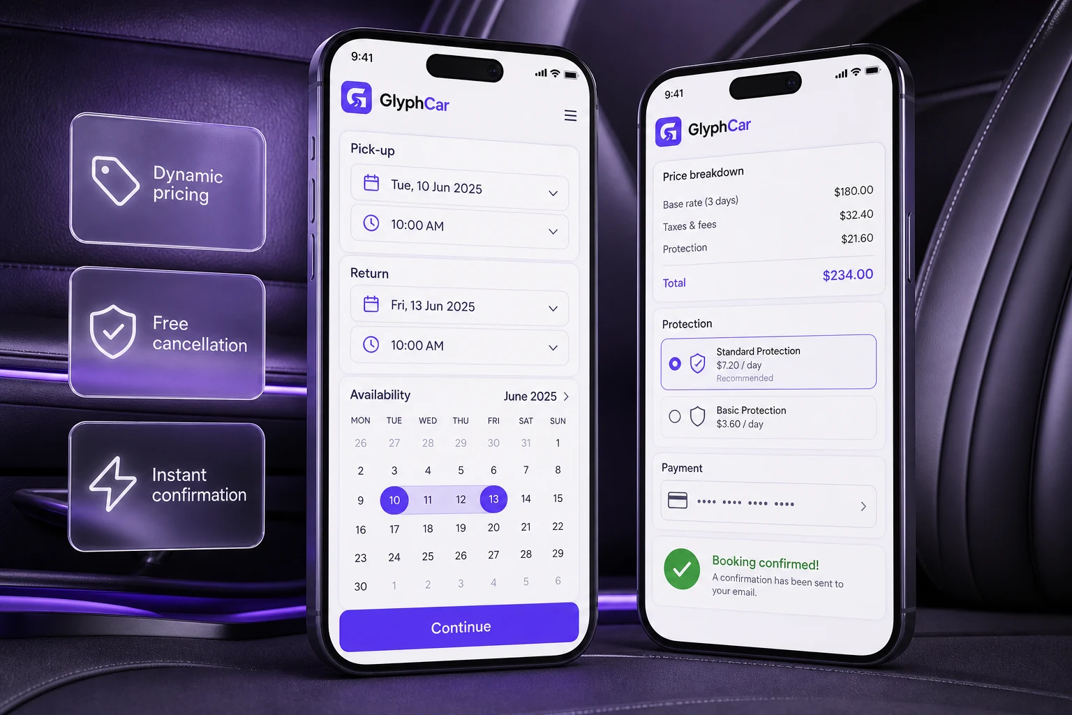 GlyphCar mobile booking checkout