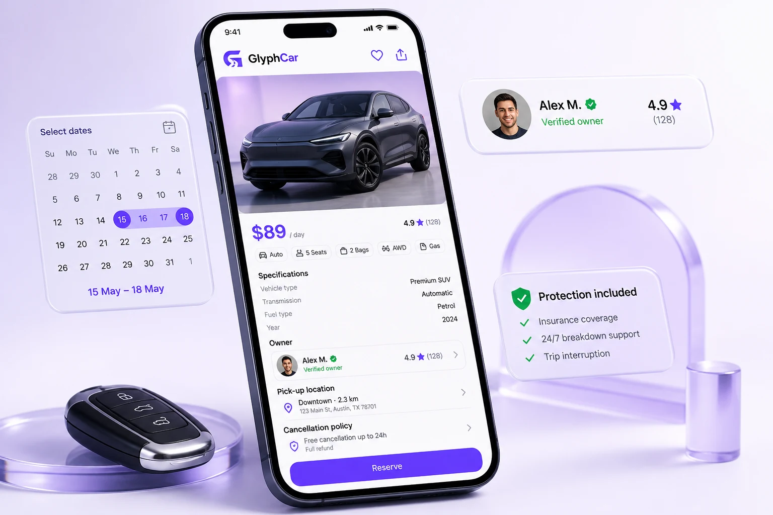 GlyphCar mobile vehicle detail interface