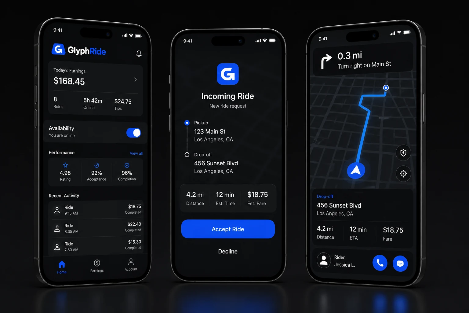 GlyphRide driver app for availability, ride requests and navigation