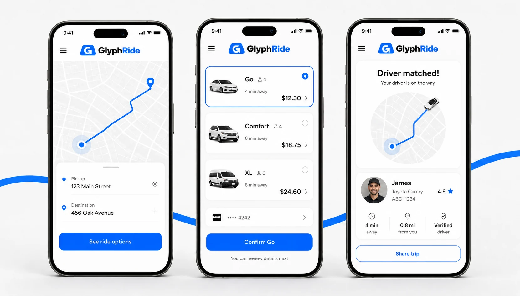 GlyphRide rider app from route selection to driver matching