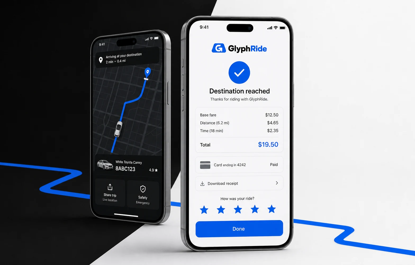 GlyphRide live trip navigation and completed ride payment
