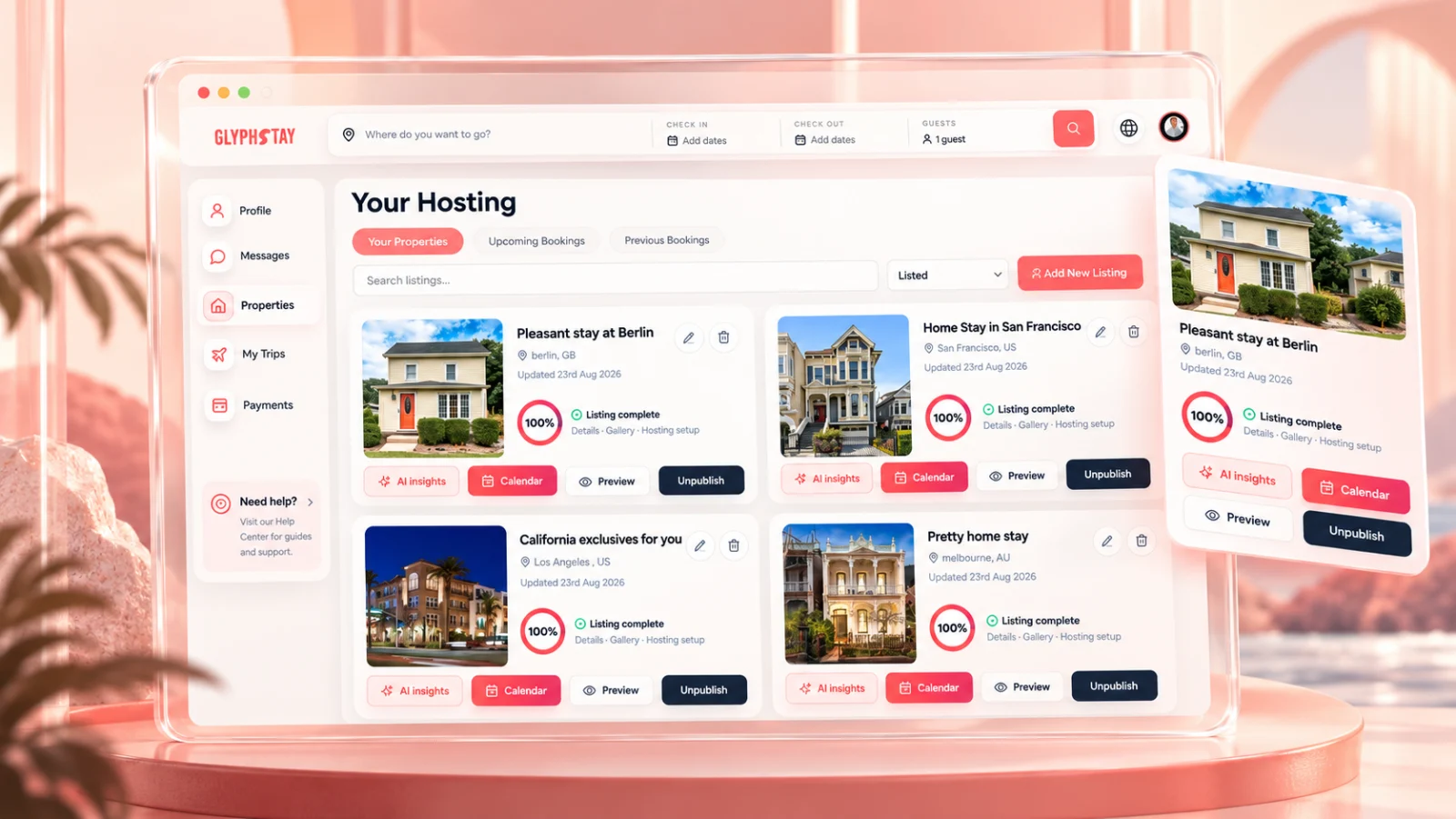 GlyphStay host web dashboard for managing property listings