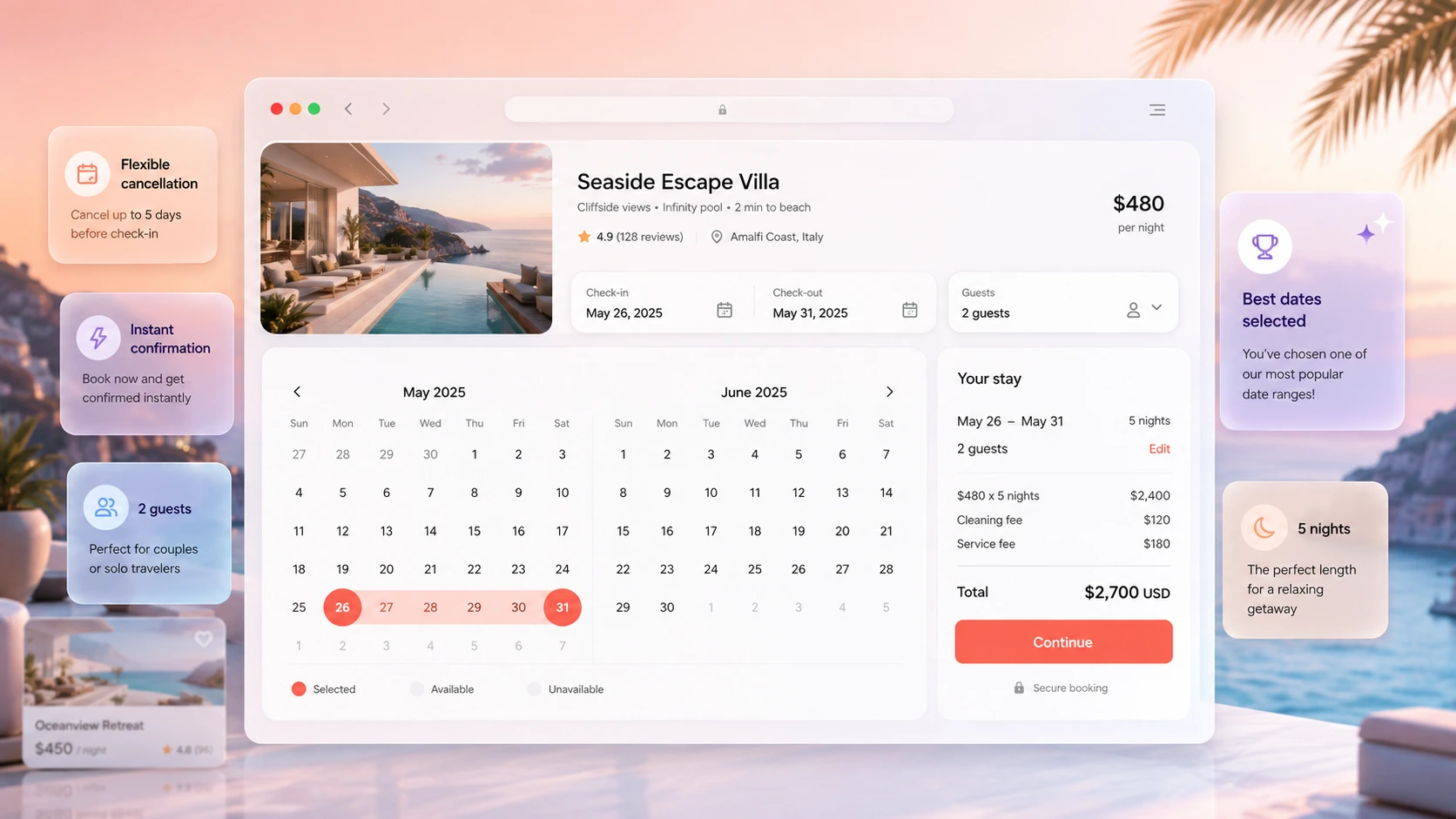 GlyphStay date selection and secure booking experience