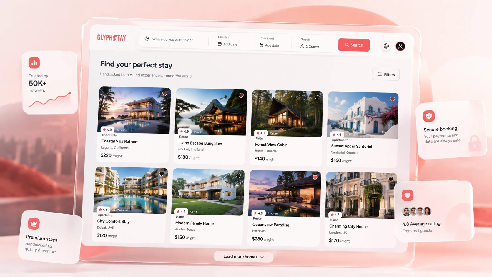 GlyphStay destination search with popular locations and recommended rentals