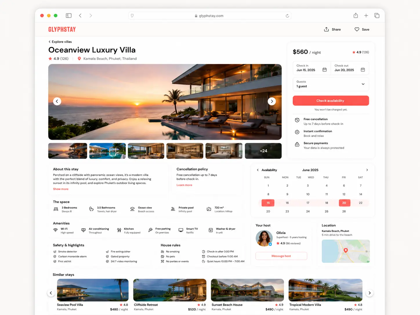 GlyphStay property detail page with gallery, amenities and booking summary